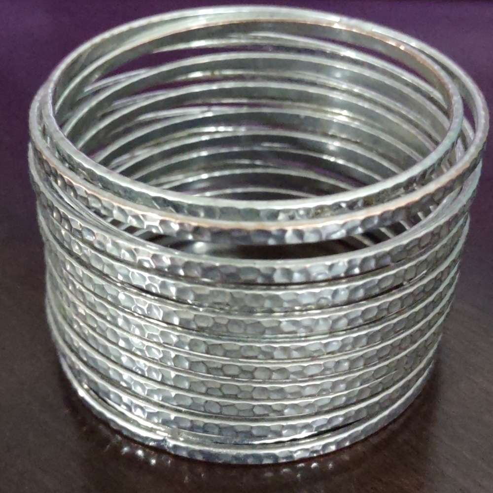 247 Women's Silver Multi Layered Hammered Bangle Bracelet